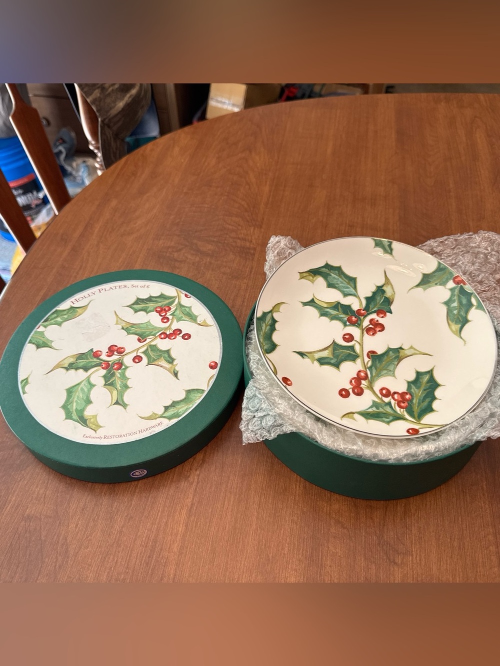 Restoration Hardware White Holiday Desert Plates with Holly and Red Berries set6